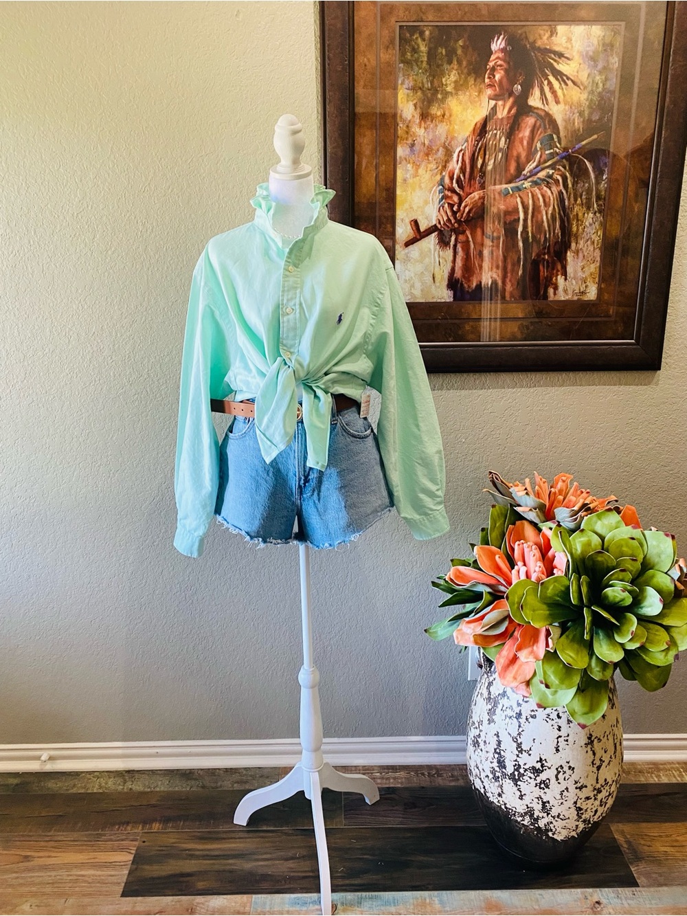 REWORKED- Ralph Lauren Pale Mint Button-Up Tie-Front Shirt - Picture 3 of 4